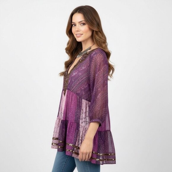 VTG Free People Purple Patchwork Chiffon Top | Boho Grunge Fairy Whimsigoth Y2K - Picture 12 of 16